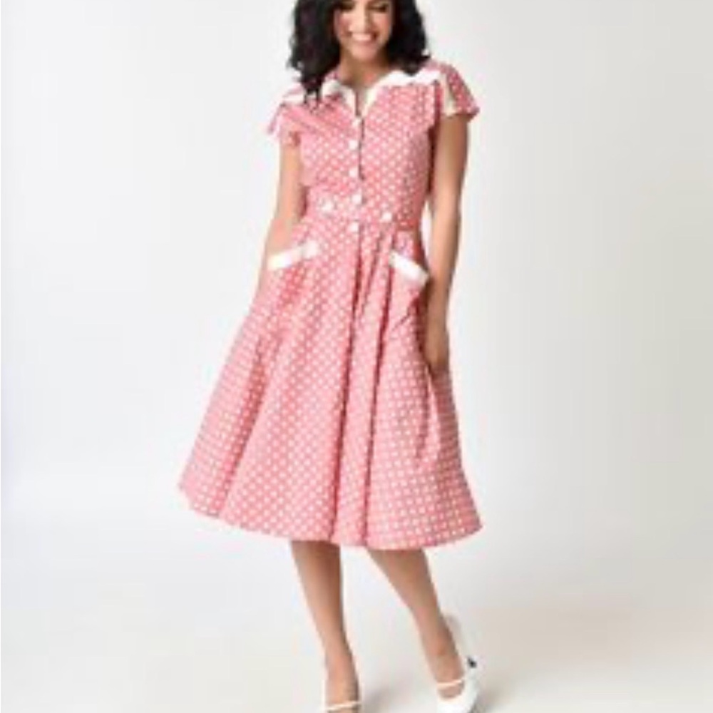 Unique Vintage Pink and White Polka Dot Midi Dress